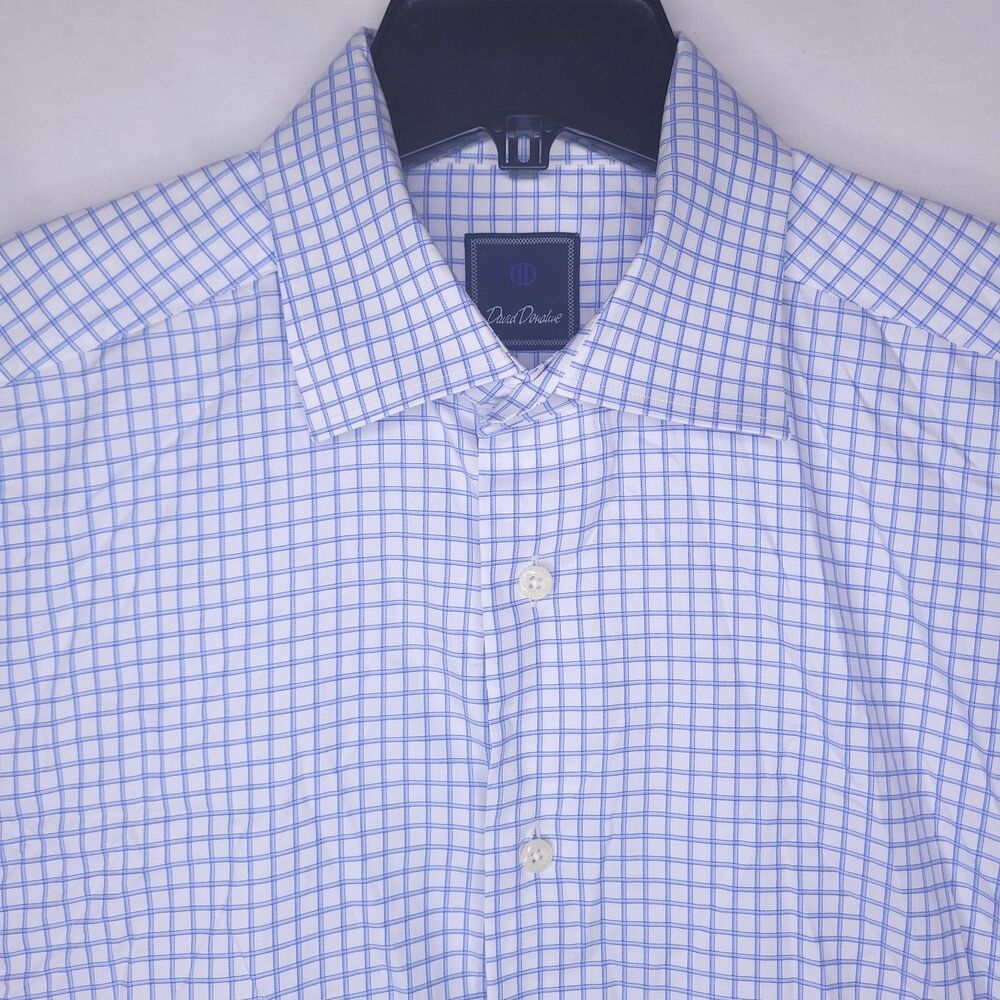 David Donahue Dress Shirt Mens 16.5 Check White, Blue Long Sleeve 34/35